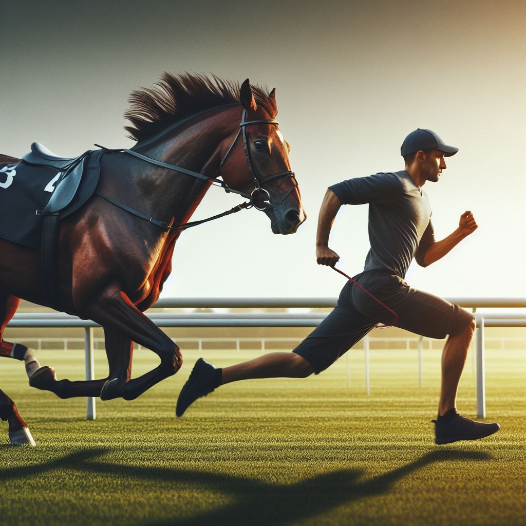 Man racing a horse. AI generated image